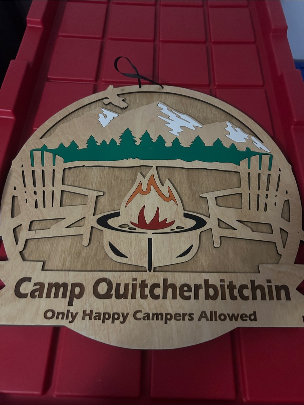 Camp Quitcherbitchin Wooden Campfire Wall Sign - Brown, Green, Red